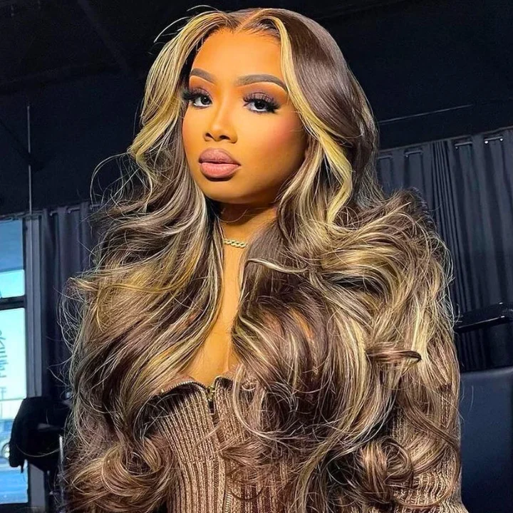 real person hair ring local charm-Glueless Invisiable Honey Blonde Highlight Body Wave 13x4 Lace Front Wigs Human Hair Ombre Color Wig