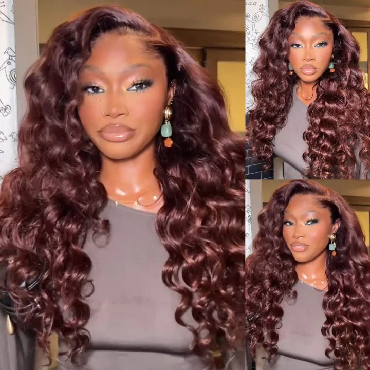 real person hair ring solar flare-Glueless Loose Deep Wave Lace Wig with Natural Hairline Mini Knots  Human Hair Clear Transparent Lace Front/Closure Reddish Brown Colored Wig - Amanda Hair