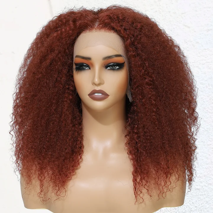 real person hair ring christmas band-Glueless Thick Fluffy Afro Curly Human Hair Reddish Brown Wigs 13*4/4*4 Invisible Lace Wig For Women No Code Needed -Amanda Hair