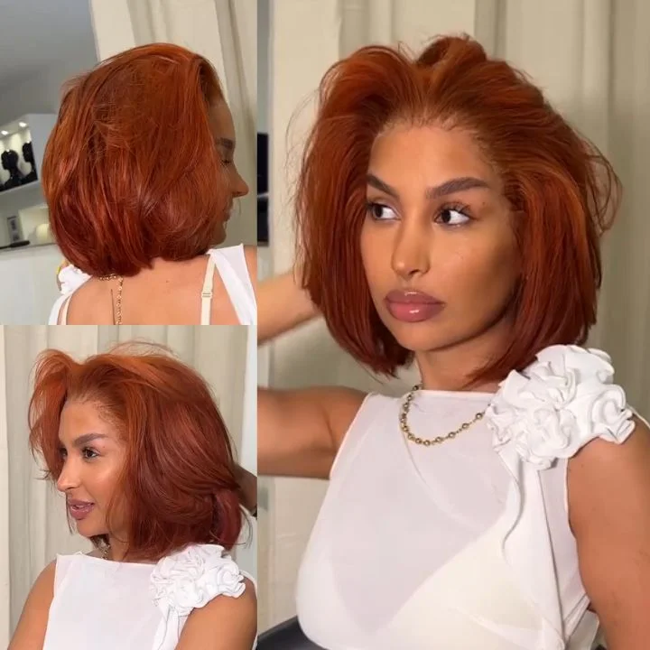 real person hair ring ethnic style-Highlight Body Wave Ginger Brown Lace Frontal Colored Short Bob Wigs Human Hair With Baby Hair - Amanda Hair