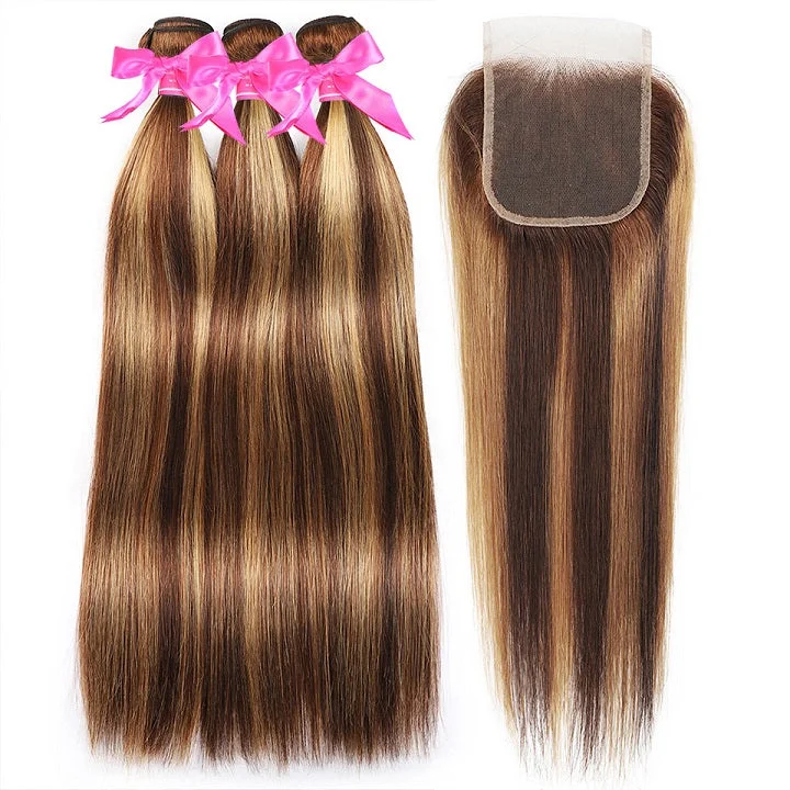 real person hair ring minimalist charm-Highlight Brown 3 Bundles Straight Human Hair With Closure Ombre Honey Blonde -Amandahair