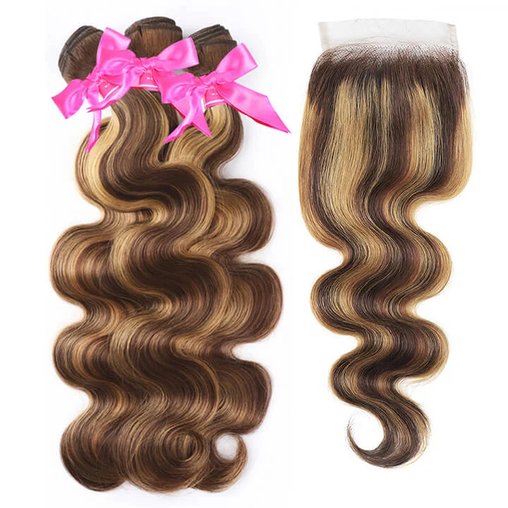 real person hair ring wear-everyday-Highlight Brown Body Wave Human Brazilian Hair Bundles With Closure Ombre Honey Blonde Closure With Bundles