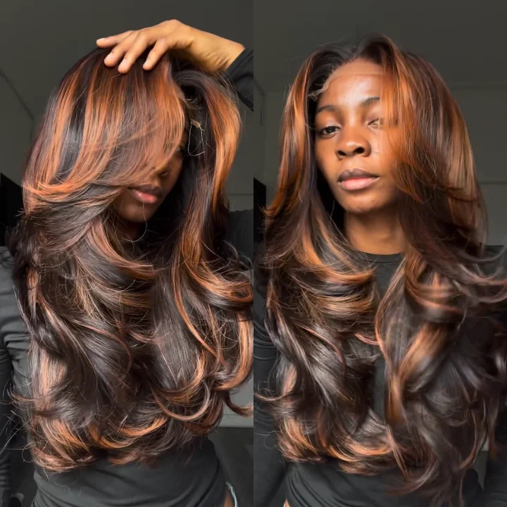 real person hair ring art deco-Highlight Ginger Brown 6x4/13x4 Lace Loose Wave Wigs with Curtain Bangs Human Hair Undetectable Clear Transparent Lace Wigs