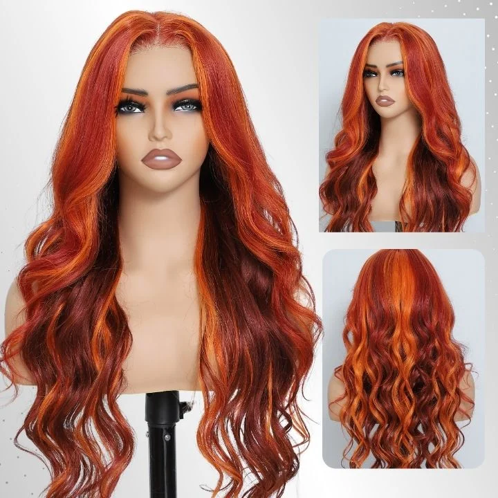 real person hair ring pirate style-Highlight Ginger Loose Wave 13x4/7x5 HD Lace Front Wig Highlights Orange Color Human Hair Wigs-Amanda Hair