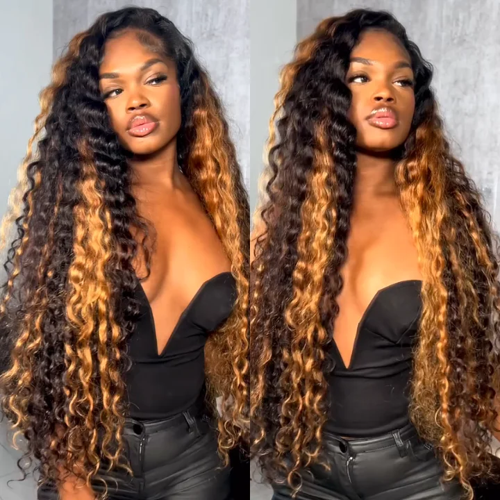 real person hair ring fantasy band-Highlight Golden Glueless Lace Front Wig Human Hair Loose Deep Wave Wigs Clear Transparent Front Wigs Human Hair Pre Plucked with Baby Hair Amanda Hair