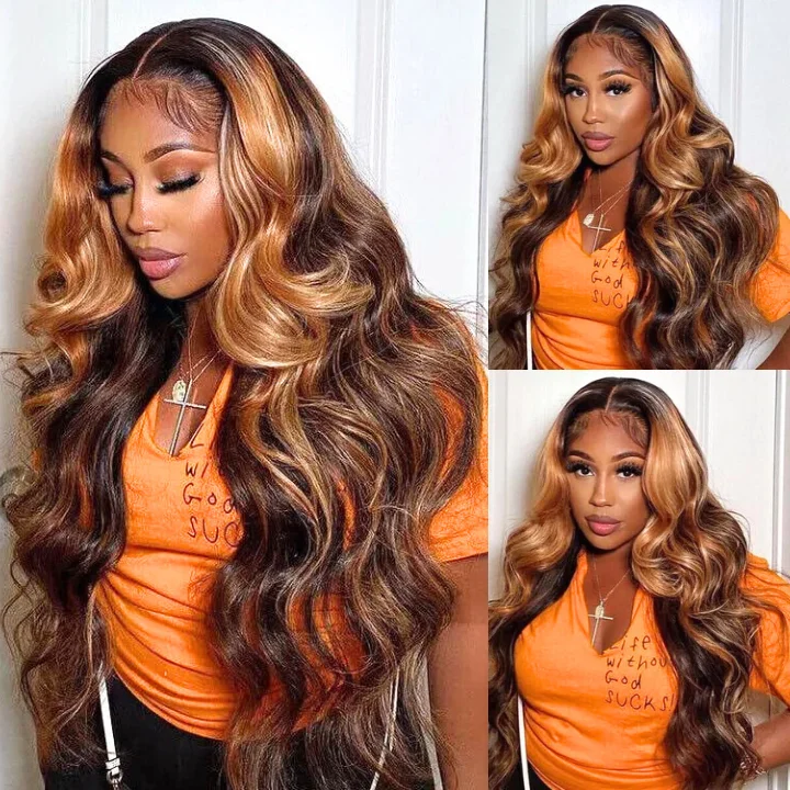 real person hair ring extra-wide-Highlight Honey Blonde Body Wave Brown Clear Transparent Lace Front Ombre Colored Wigs Plucked Virgin Natural 100% Human Hair For Women-Amanda Hair