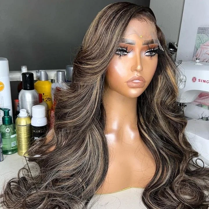 real person hair ring new year shine-Highlight Light Blonde Glueless Transparent Lace Closure Human Hair Straight/Body Wave Wigs 5x5 Lace Part Colored Wig-Amanda Hair