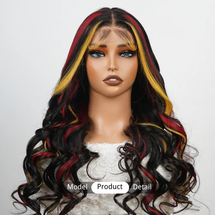 real person hair ring memory lane-Highlight Red & Yellow Transparent  Lace Front Loose Wave Colored Wigs Human Hair -Amanda Hair