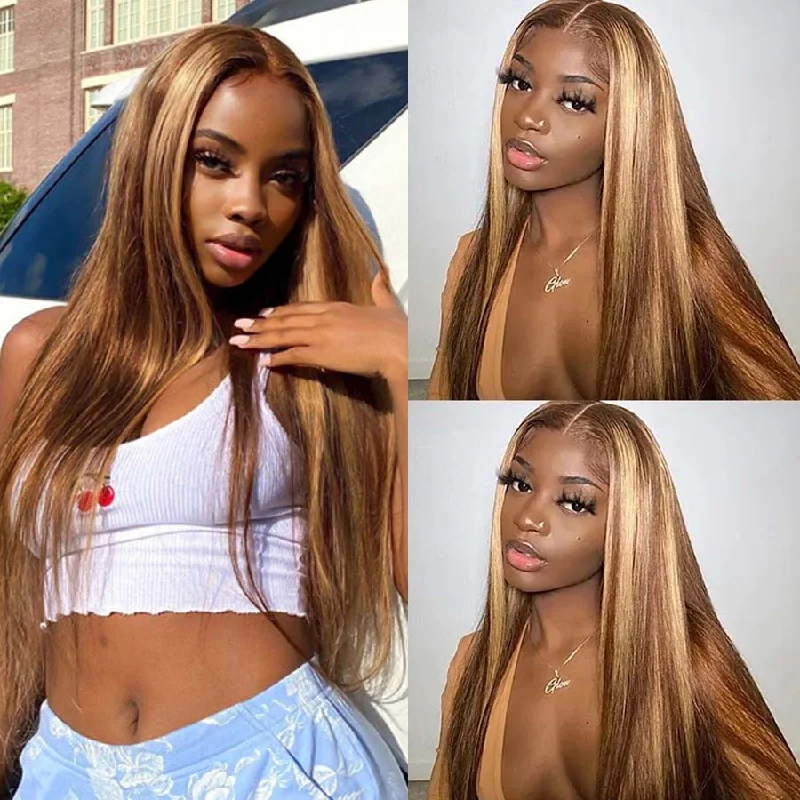 real person hair ring ceramic band-P4/27 Color Honey Blonde Wig Straight Highlighted Human Hair 4*4 Lace Closure Wigs-Amanda Hair