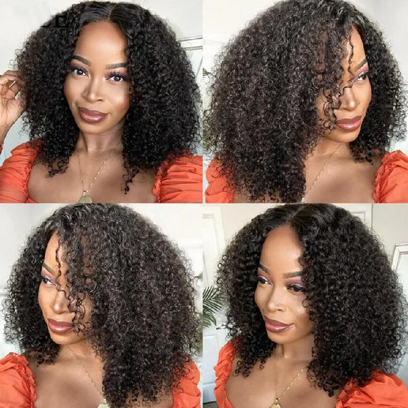 real person hair ring wood accent-Afro Curly 4x4 Lace Closure Wigs Preplucked Human Hair Skin Melt Lace Wigs for Women