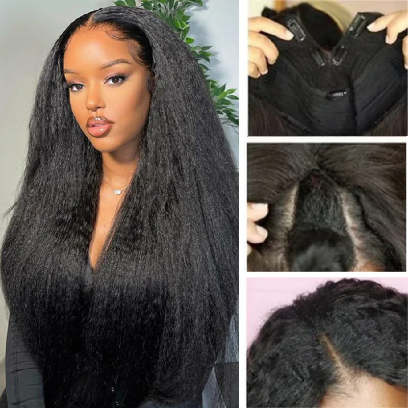 real person hair ring memorial day-Kinky Straight V Part Wig Beginner Friendly Undetectable No Leave Out Natural Scalp Protective Upgrade Glueless Human Hair Wigs- Amanda Hair