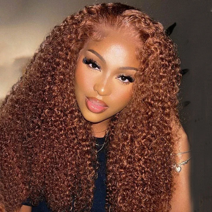 real person hair ring handmade memory-Long Kinky Curly Human Hair Light Chestnut Brown Lace Front Wigs Preplucked Medium Auburn Hair Color Wigs