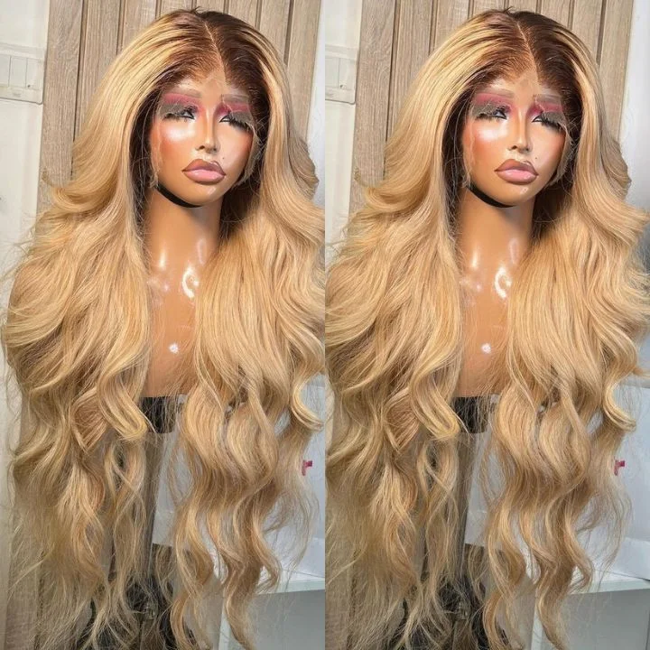 real person hair ring nickel-free-Loose Body Wave  Highlights  Honey Blonde Lace Front Wig Human Hair Dark Root  Pre Plucked Lace Colored Wig -AmandaHair