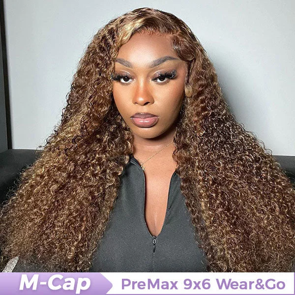 real person hair ring purple amethyst-OQ HAIR M-cap Kinky Curly 4/27 Highlight Pre Cut 9x6 Lace Wear Go Glueless Wigs Invisible Knots Human Hair Wig