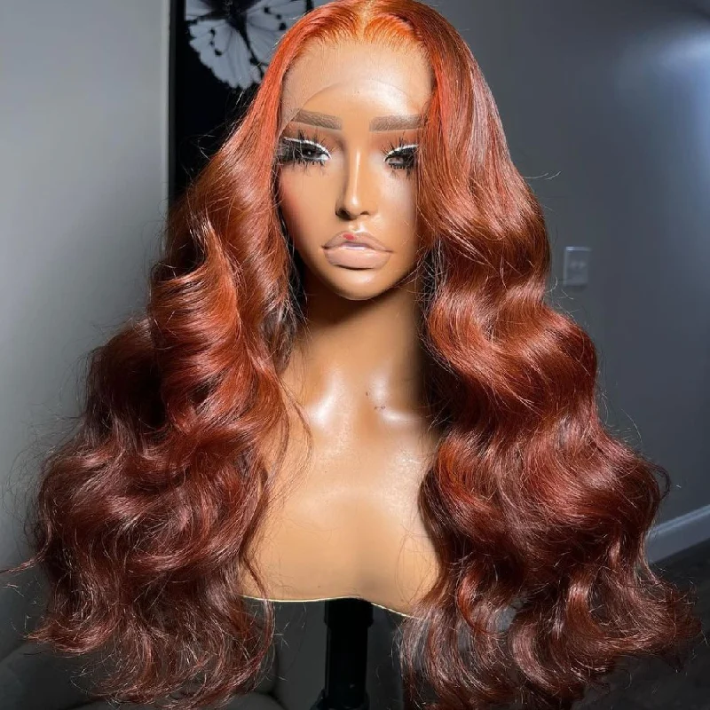 real person hair ring march design-Money Piece Highlight Light Orange Transparent Lace Front Human Hair Wigs Body Wave 13x4/4x4 Lace Color Wig-Amanda Hair