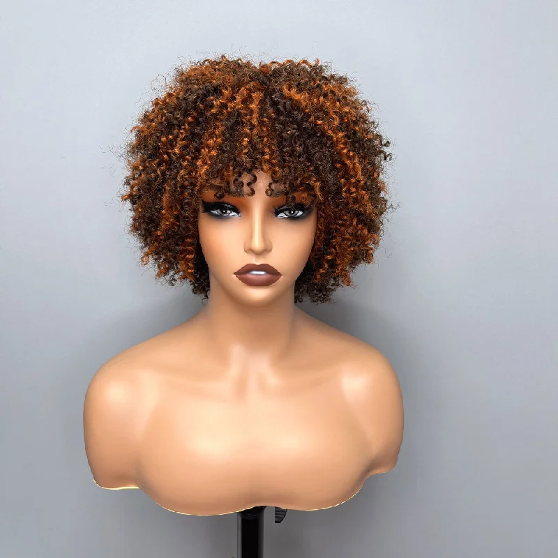 real person hair ring edwardian band-New 6 Inch Afro Kinky Curly Bob Color Wig With Bangs Curly Pixie Cut Glueless Wig Machine Human Hair Wigs For Black Women No Code Needed  -Amanda Hair