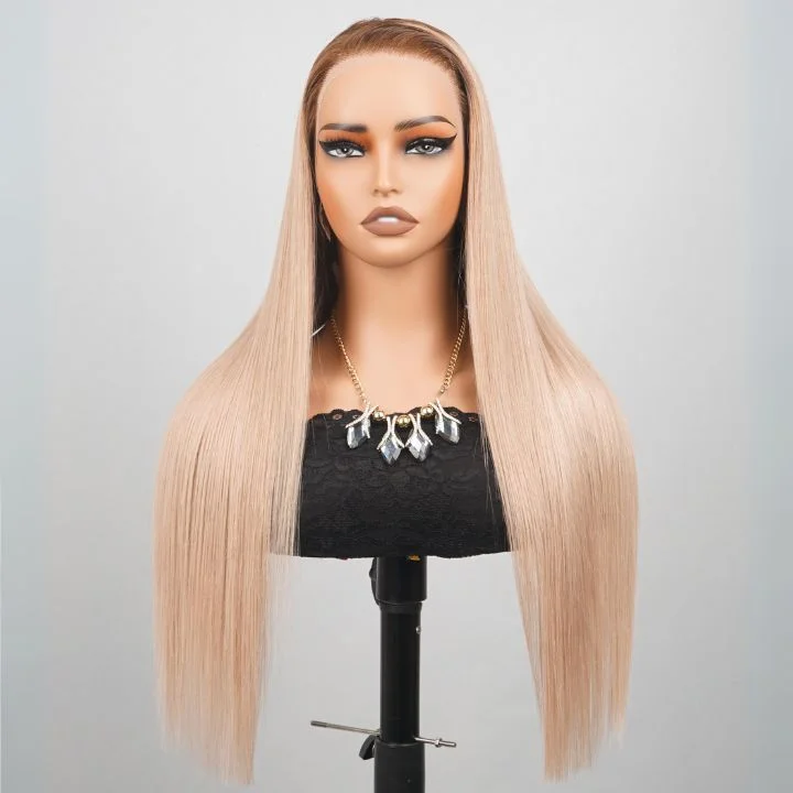 real person hair ring tulip touch-Sunshine Chic Ombre Brown to Ash Blonde Lace Front Straight Wigs Human Hair Undetectable Transparent Lace Wigs -Amanda Hair