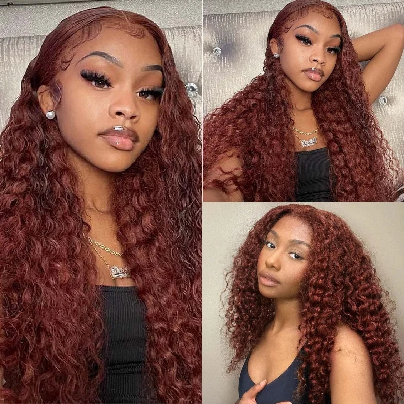 real person hair ring leafy design-Reddish Brown Curly Tranparent Lace Wigs Deep Hairline 100% Human Hair HD Clear Lace Front Wigs-Amanda Hair