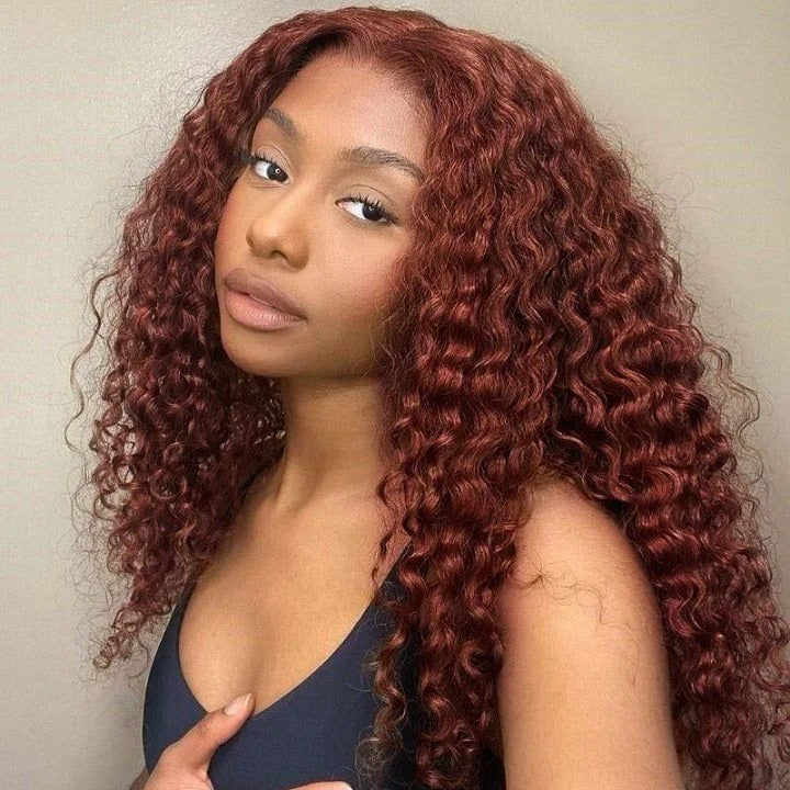 real person hair ring celestial craft-Reddish Brown Deep Wave Tranparent Lace Wigs Deep Hairline 100% Human Hair HD Clear Lace Front Wigs-Amanda Hair