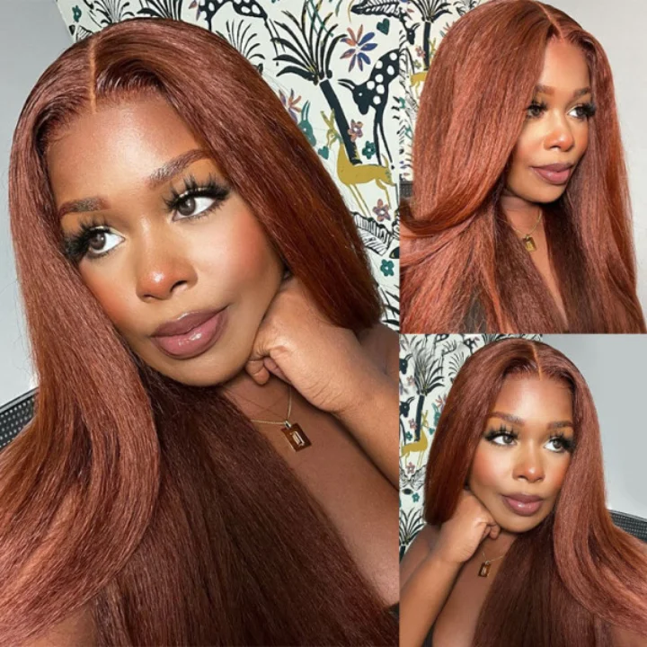 real person hair ring december craft-Reddish Brown Transparent Lace Front Kinky Straight Wigs Deep Hairline 100% Human Hair Auburn Color Fall Wigs