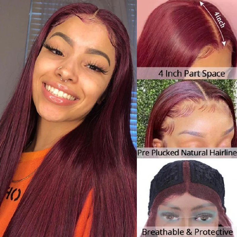 real person hair ring understated band-Straight Human Hair 99J Burgundy Wig 4*4 Lace Frontal Colored Wigs-Amanda Hair