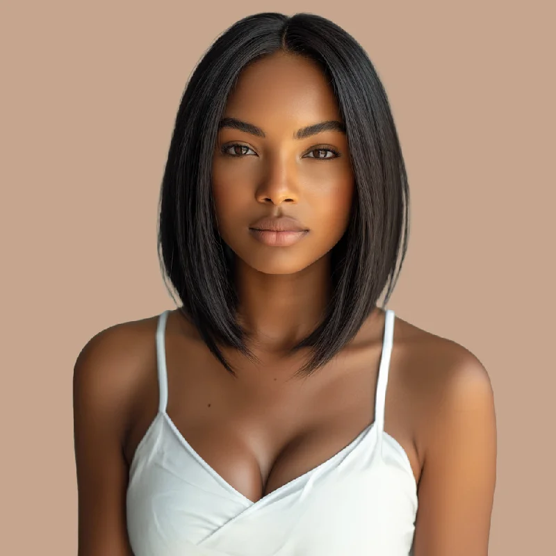 real person hair ring baby shower-Straight Natural Black Bob Wig HD Lace Closure 4*4, 100% Human Hair