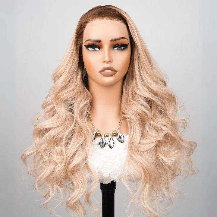 real person hair ring feather band-Sunshine Chic Ombre Brown to Ash Blonde Lace Front Loose Wave Wigs Human Hair Undetectable Transparent Lace Wigs -Amanda Hair