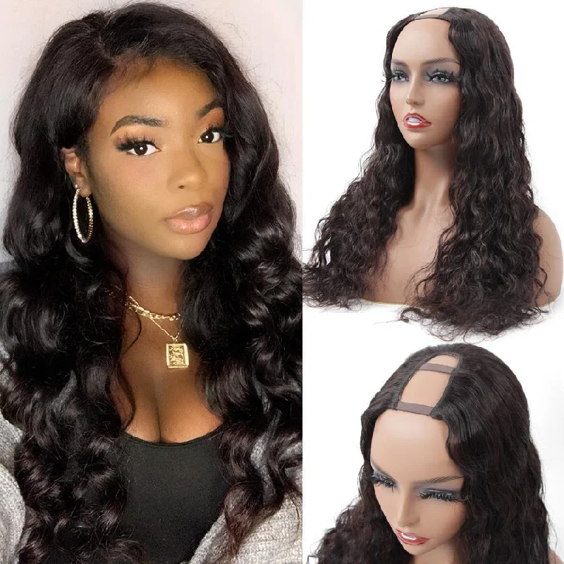 real person hair ring resin finish-Loose Deep Wave U Part Human Hair Wig for Women, Brazilian Remy Human Hair Glueless Full Head Clip in Half Wig 180% Density