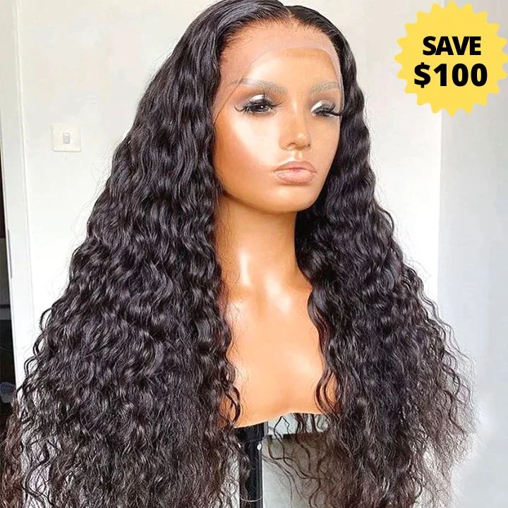 real person hair ring engraved name-Flash Sale: Save $100 Water Wave Hair 13x6  Transparent HD Lace Front Wig 36" Glueless Long Wigs Real Human Hair Wigs For Women-Amanda Hair