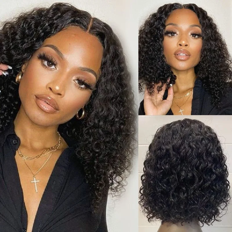 real person hair ring lunar new year-Water Wave Short Bob Wigs Human Hair T Part Lace Front Wig Pre Plucked Natural Hair Liner-Amanda Hair